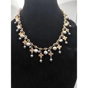 14k Gold Sterling Baroque Pearl Cross Necklace 20" Paperclip